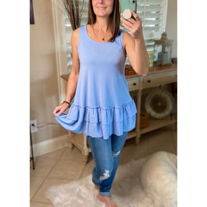 Ruffle Bottom Scoop Neck Sleeveless Floaty Tunic Tank Top Spring Blue