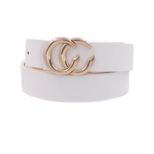Double C Metal Buckle Faux Leather Belt White Gold