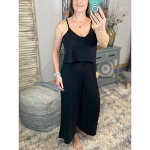 “Endless Summer” Ribbed V-Neck Sleeveless Spaghetti Strap Dressy Jumpsuit Black