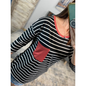“That Smiling Face” Sporty Striped Contrast Trim Pocket Long Sleeve Round Neck Jersey Stretch Shirt Black White S/M/L/XL