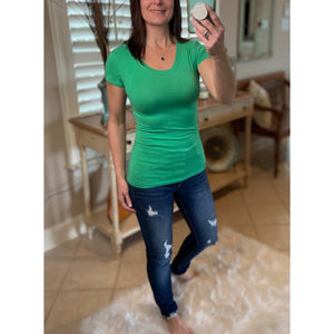 Sexy Crew Neck Basic Baby Slimming Short Cap Sleeve Tee Shirt Green