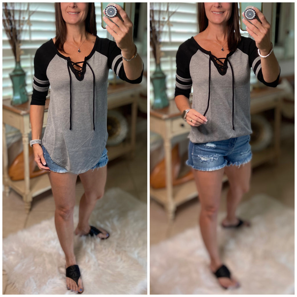 “Game Changer” Sporty 3/4 Sleeve Lace Up V-Neck Raglan Jersey Sporty Stretch Shirt Gray