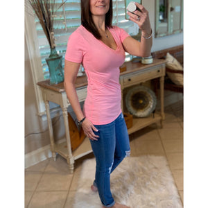 “Basic Babe” Low Cut V-Neck Cleavage Baby Slimming Basic Tee Shirt Bright Pink S/M/L/XL