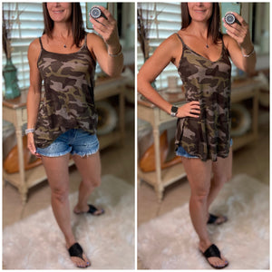 “Heat Wave” Reversible Camouflage Low Scoop Or V Neck Spaghetti Strap Tank Top Green