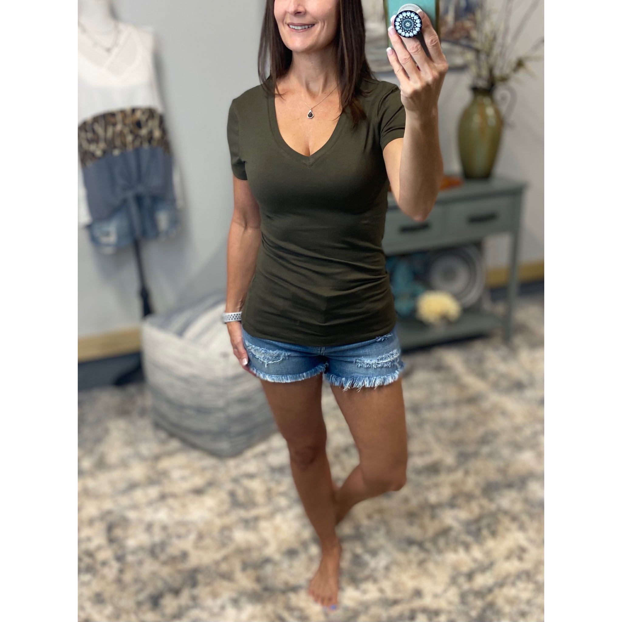 “Basic Babe” Low Cut V-Neck Cleavage Baby Slimming Basic Tee Shirt Dk Olive S/M/L/XL