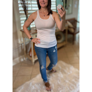"Can't Touch This" Ribbed Low Scoop Racerback Sleeveless Boy Beater Cleavage Tank Top White