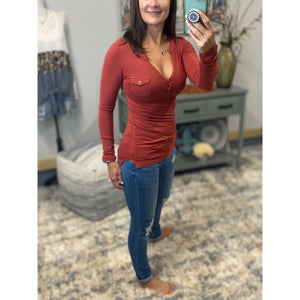 Sexy Deep V Neck Plunge Cleavage Military Henley Pocket Top Rust