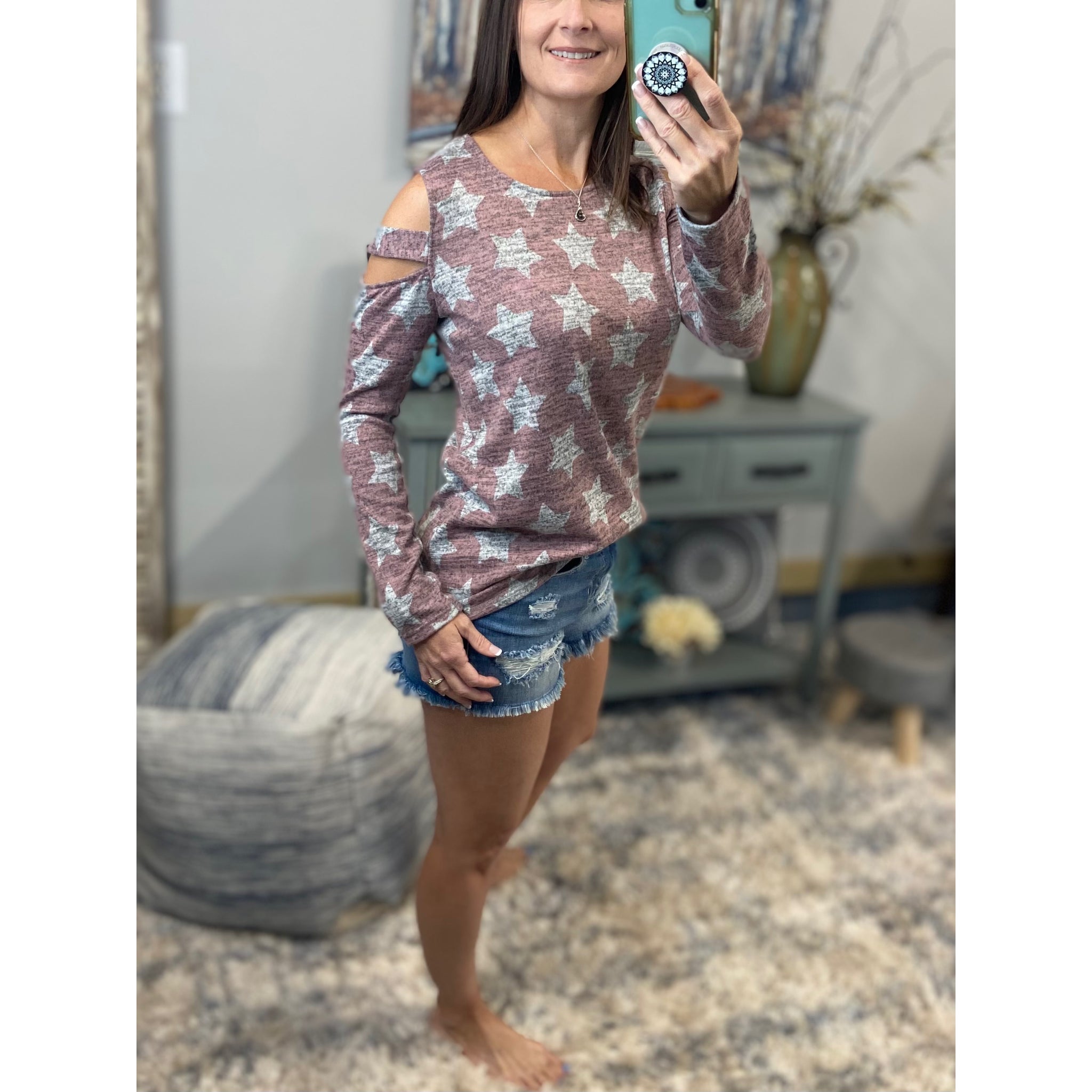 "Rising Star" Star Pattern Split Open Cold Shoulder Light Sweater Long Sleeve Pink