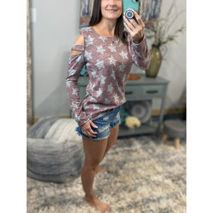 "Rising Star" Star Pattern Split Open Cold Shoulder Light Sweater Long Sleeve Pink