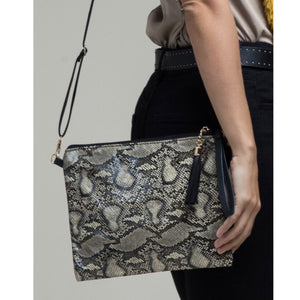 Snake Print Tassel Cross Body Clutch Wristlet Adjustable Strap Black Cream