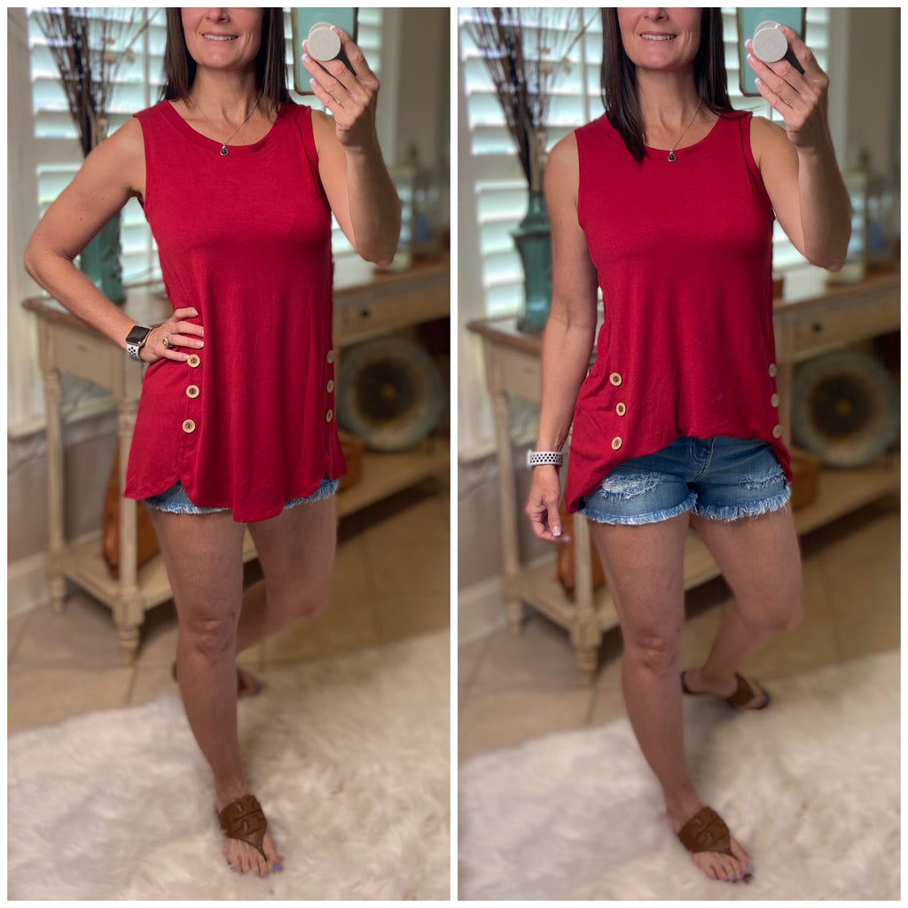 "Adore You" Round Neck Floaty Tunic Sleeveless Tank Wood Button Detail Dolphin Hem Dark Red