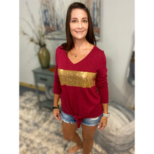"Amanda" Sequined V-Neck Floaty Self Tie Color Block Long Sleeve Burgundy S/M/L