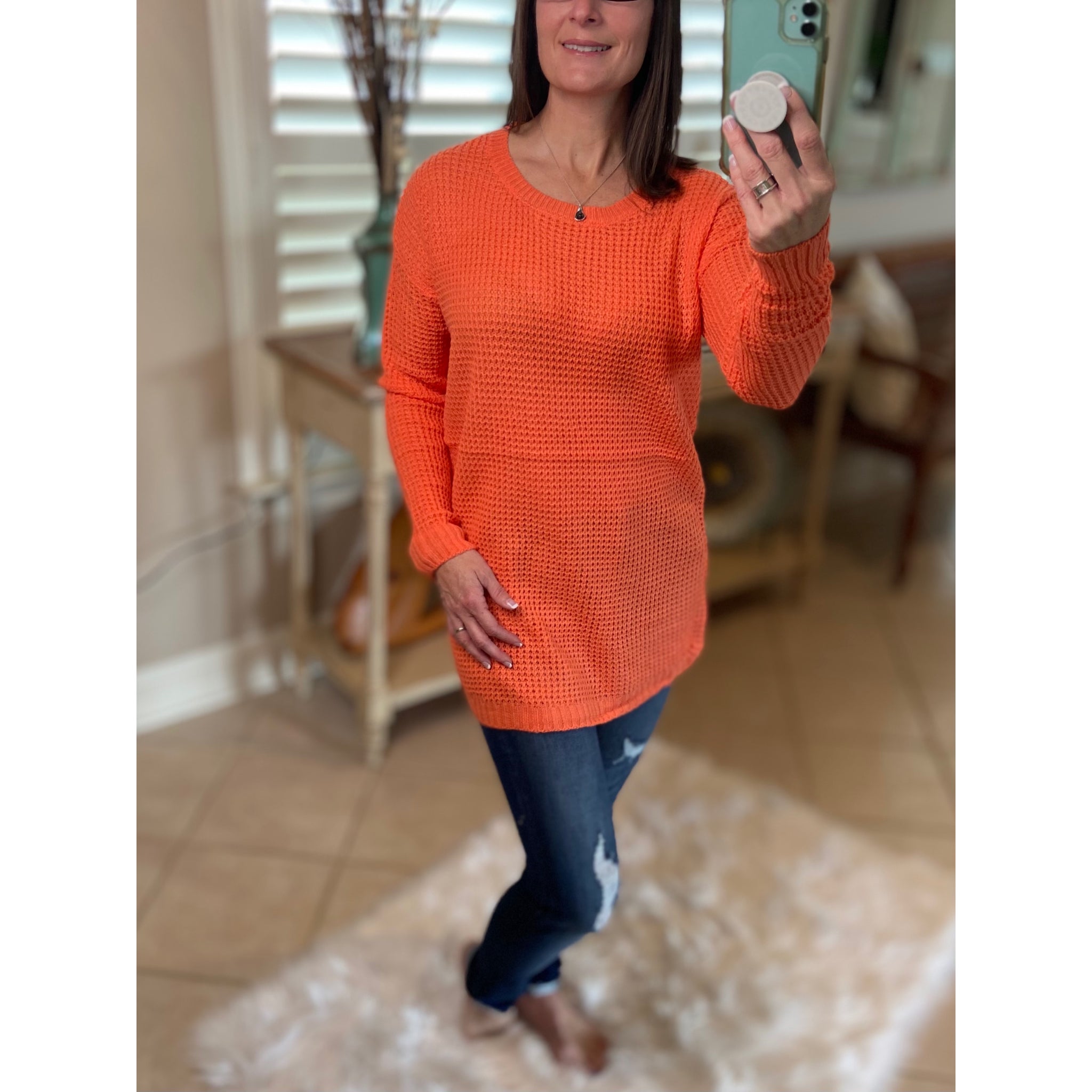 “Undone” Waffle Hi-Low Rounded Hem Long Sleeve Round Neck Tunic Sweater Coral