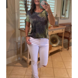 “Midnight Sky” Tie Dye Short Flutter Sleeve Round Neck Bottom Retro 70s Top Green Multi
