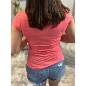 Burnout Low Cut V-Neck Cleavage Baby Slimming Tee Shirt Coral S/M/L/XL