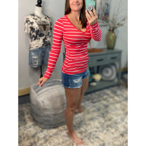 "Follow Me" Nautical Striped Preppy Stretch V-Neck Low Cut L/S Shirt Bright Coral White S/M/L