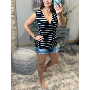 Striped Low Cut Cleavage Empire Faux Wrap Summer Tank Top Black S/M/L