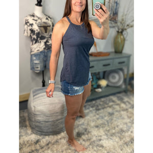 Tri Rocker Racerback Scoop Neck Floaty Trendy Tank Top Navy Blue S/M/L/XL