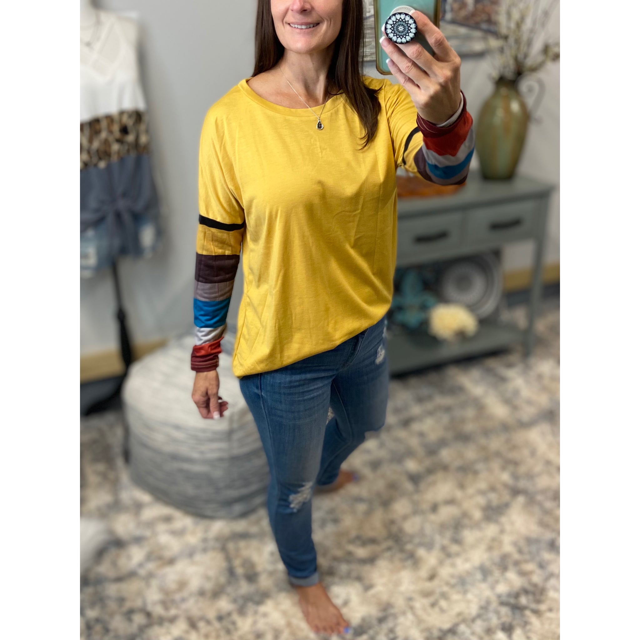 “Better Together” Color Block Striped Sleeves Round Neck Loose Top Mustard Yellow