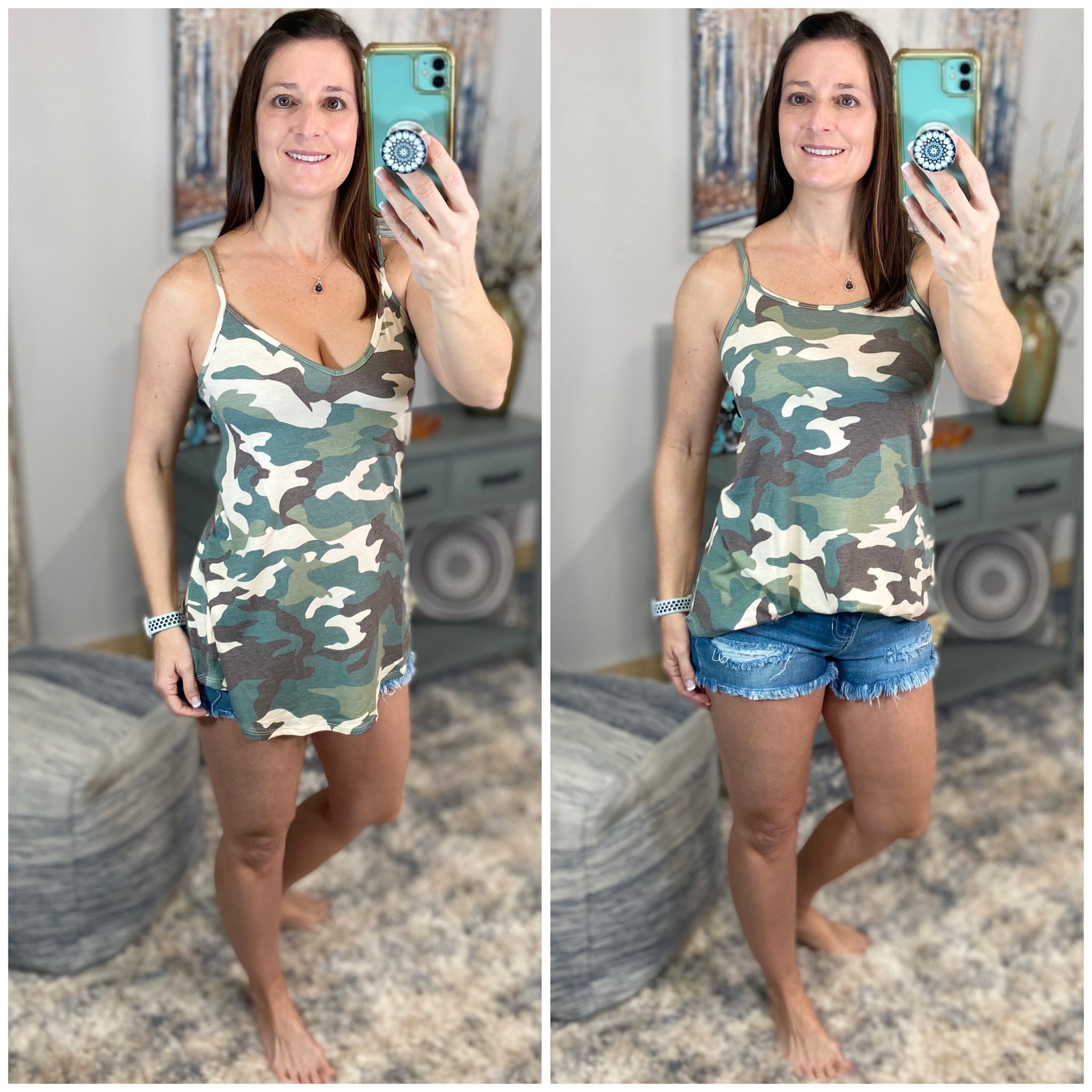 “Heat Wave” Reversible Camouflage Low Scoop Or V-Neck Tank Shirt Top Green 1X/2X/3X