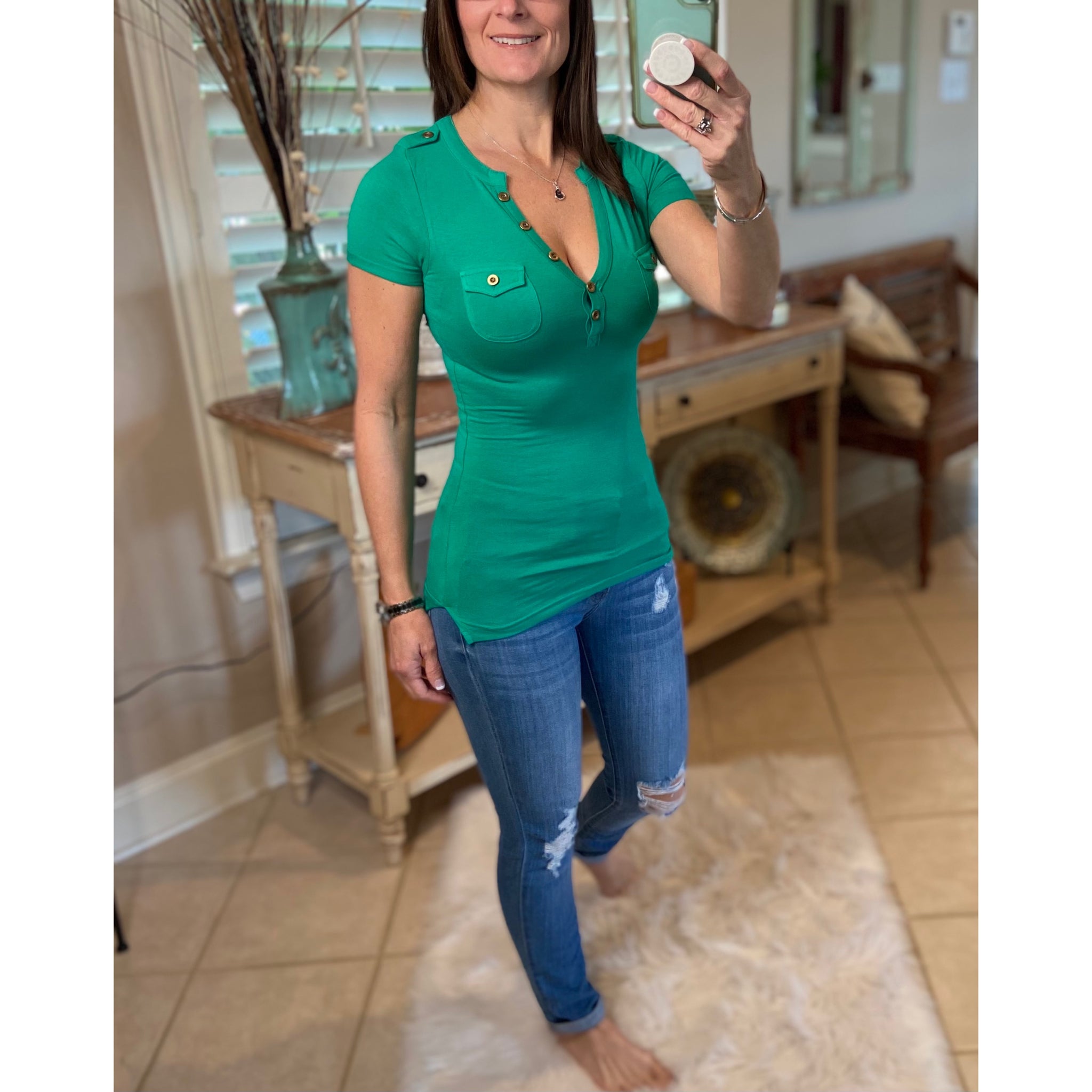 Sexy Deep V Neck Plunge Cleavage Military Henley Pocket Short Sleeve Top Green