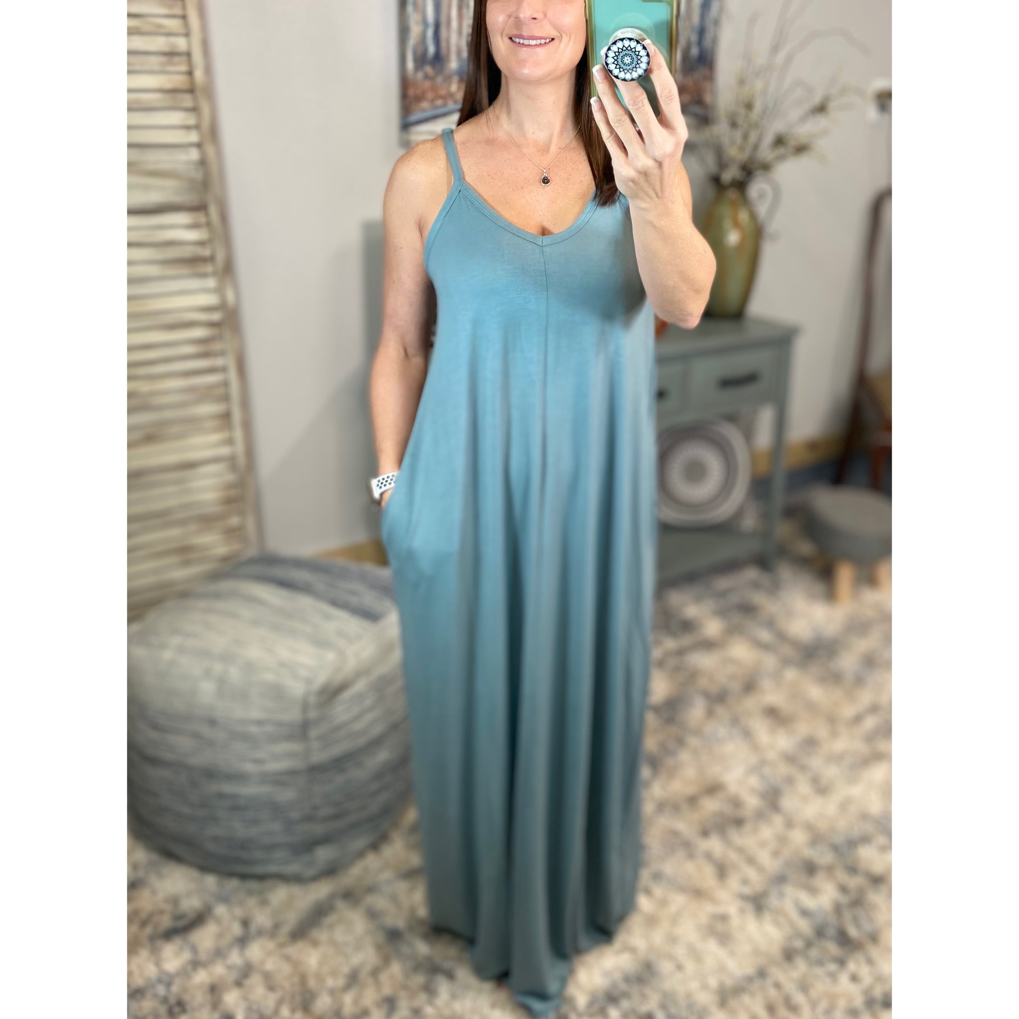 “Just A Little Bit Longer” V-Neck Cami Tank Maxi Long Tube Pocket Dress Blue S/M/L/XL