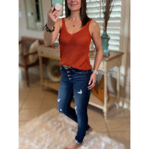 “Spring Fling” Sexy Low Double V Neck Back Sleeveless Dressy Sweater Tank Rust