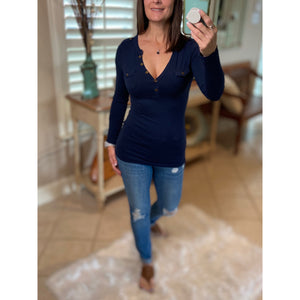 Very Sexy Deep V Neck Plunge Cleavage Military Henley Pocket Top Navy