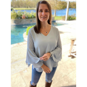 "Full of Surprises” V-Neck Flared Bell Layered Sleeve Dressy Top Blue S/M/L/XL