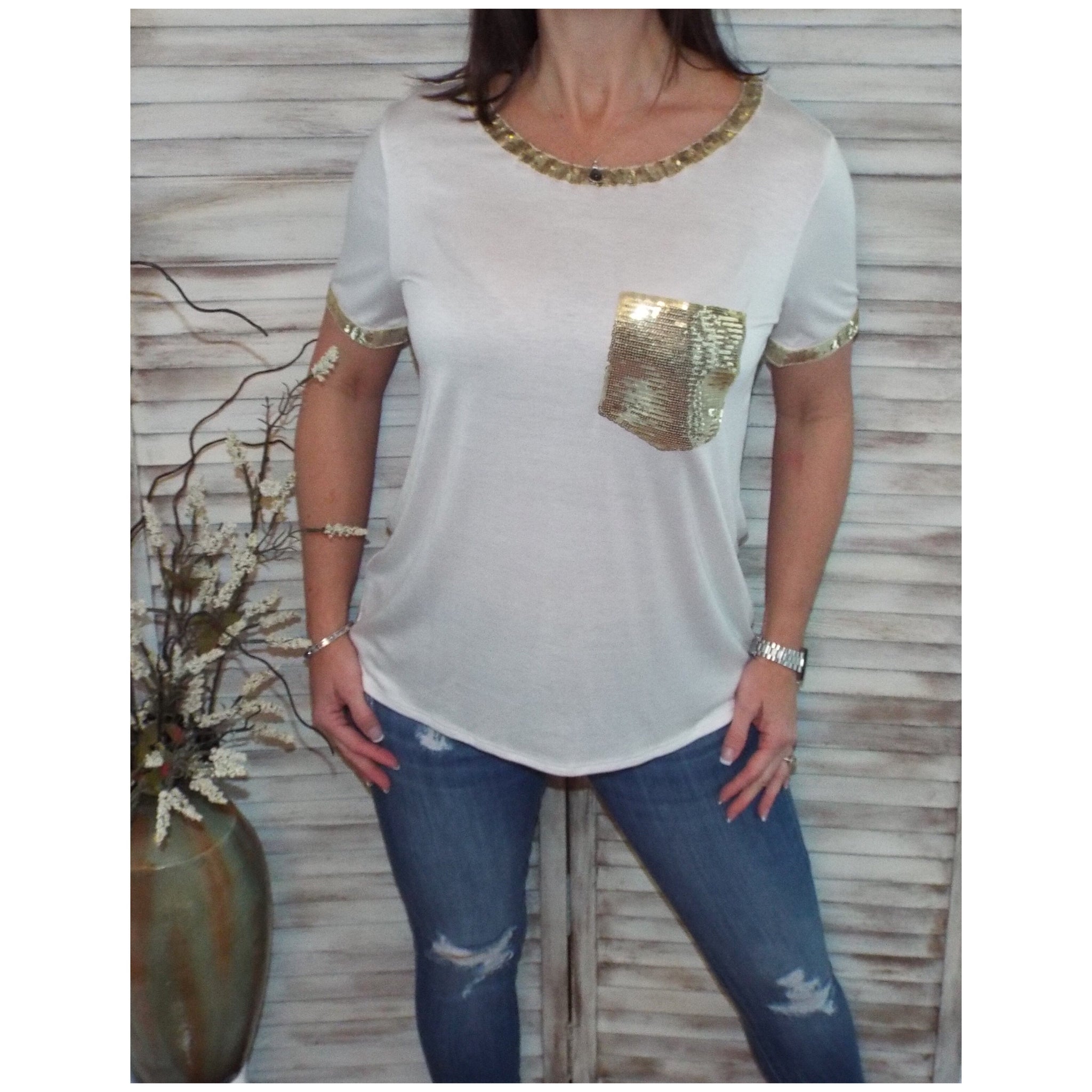 Very Sexy Sequined Neck Sleeves Pocket Scoop Neck Top Shirt Tee White S/M/L
