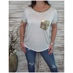 Very Sexy Sequined Neck Sleeves Pocket Scoop Neck Top Shirt Tee White S/M/L