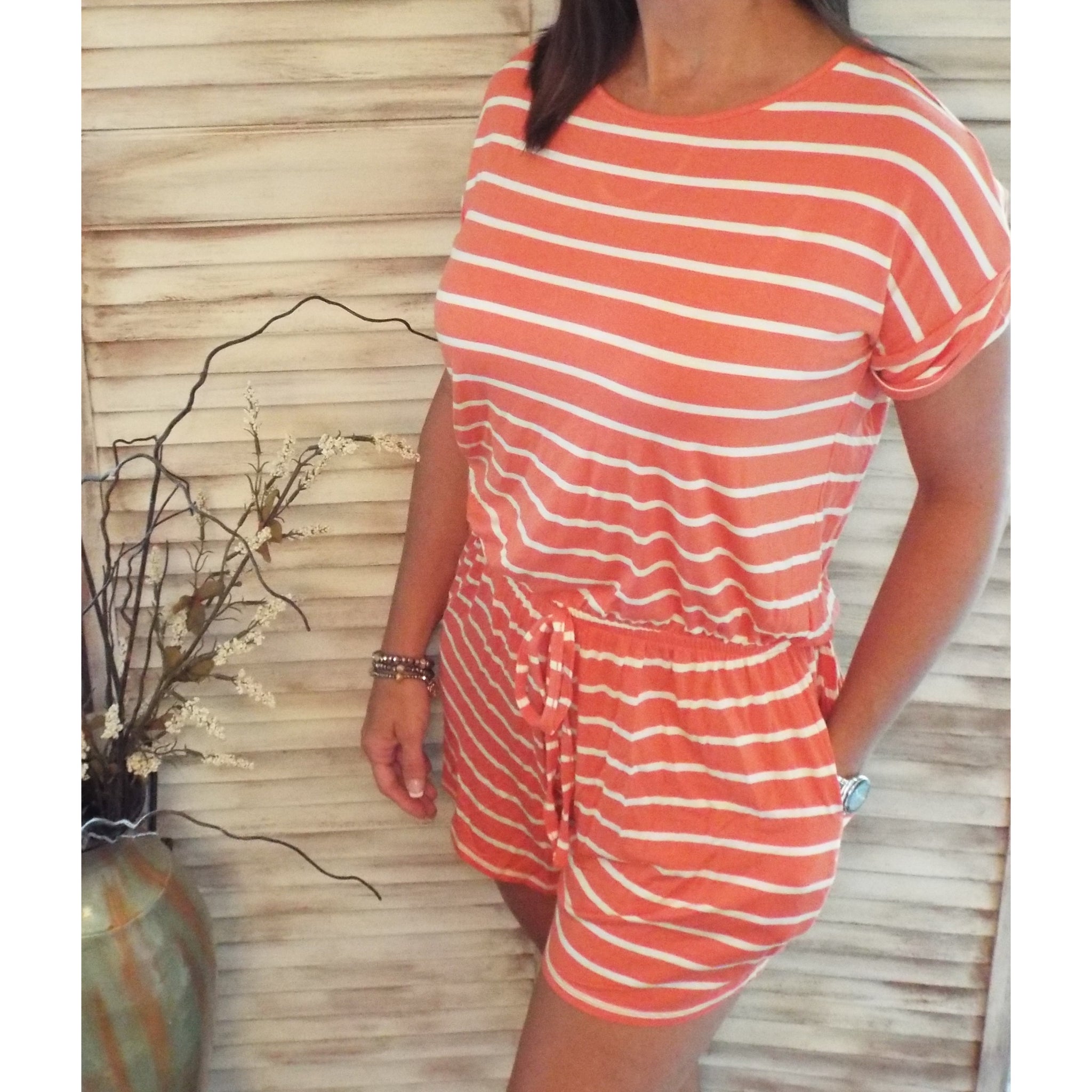 Striped Scoop Neck Short Cuff Sleeve Romper Shorts Pocket Orange