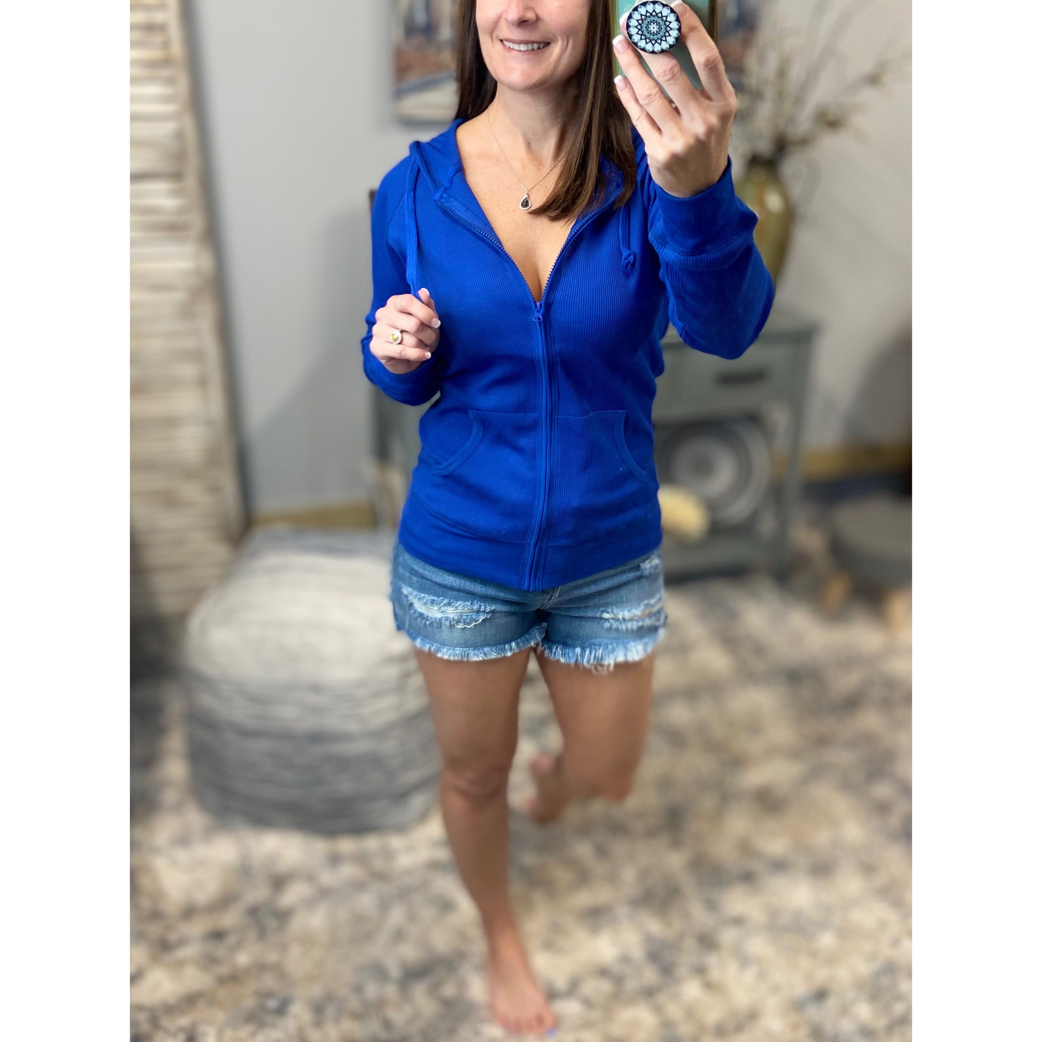 "Get Cozy" Zip Up Waffle Thermal Hoodie Light Jacket Long Sleeve Yoga Royal Blue