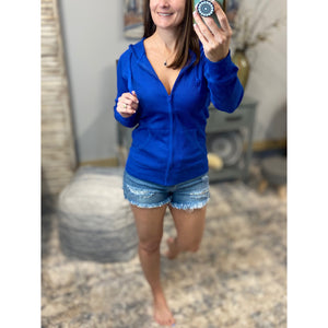 "Get Cozy" Zip Up Waffle Thermal Hoodie Light Jacket Long Sleeve Yoga Royal Blue