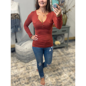 Sexy Deep V Neck Plunge Cleavage Military Henley Pocket Top Rust