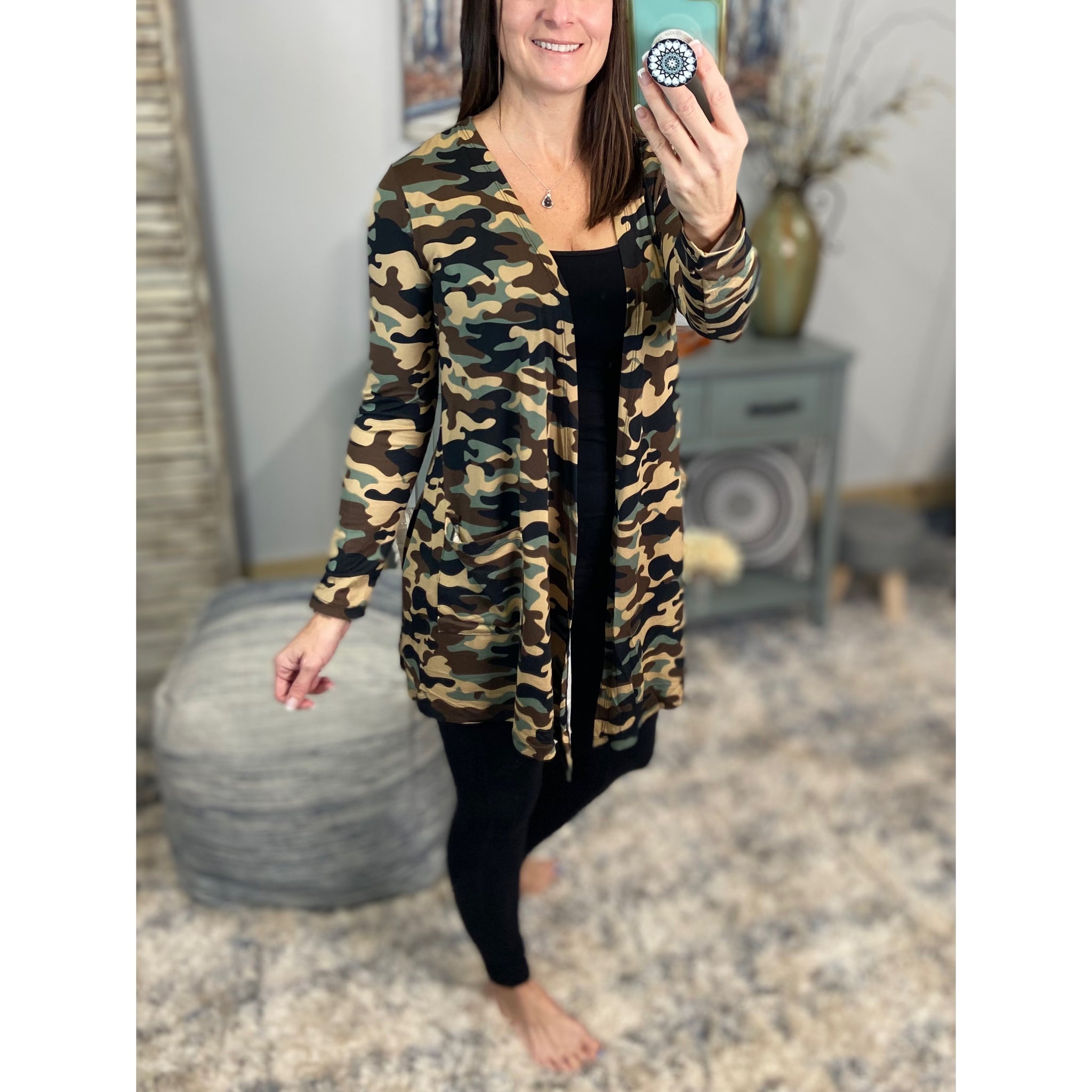 “Suspicious Love” Open Long Cardigan Pocket Asymmetrical Light Long Sleeve Open Front Camouflage