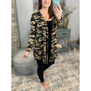 “Suspicious Love” Open Long Cardigan Pocket Asymmetrical Light Long Sleeve Open Front Camouflage