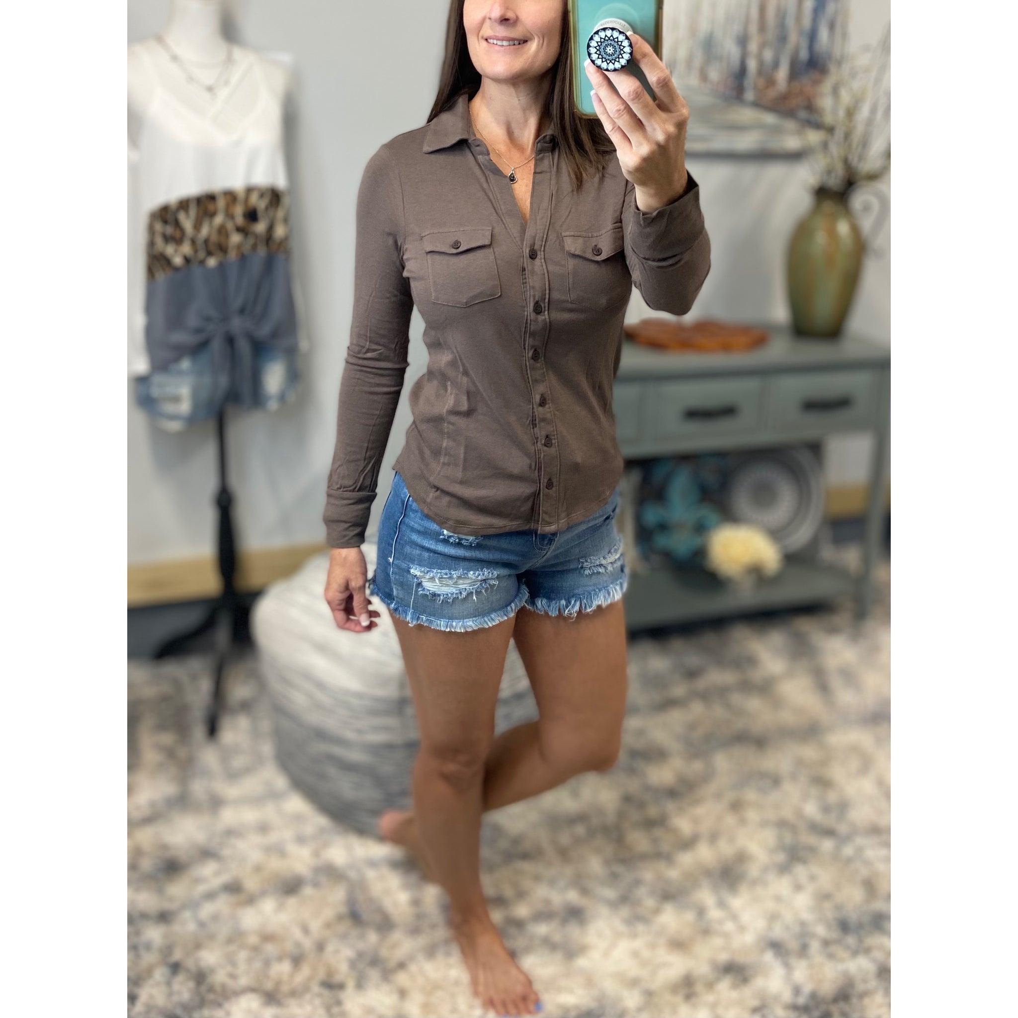 Collar V-Neck Pockets Button Up Slim Preppy Stretch Mocha Brown S/M/L
