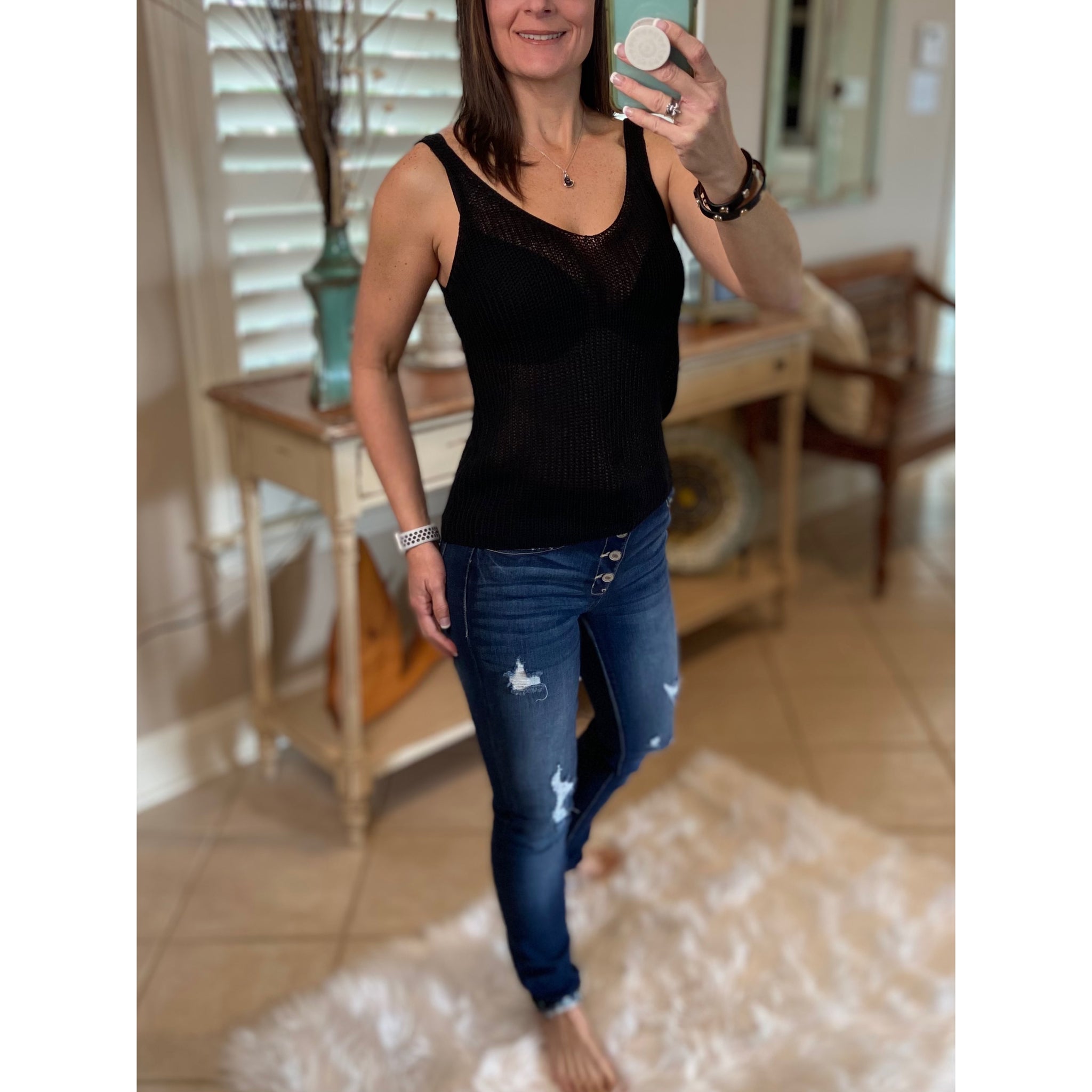 “Spring Fling” Sexy Low Double V Neck Back Sleeveless Dressy Knit Sweater Tank Black