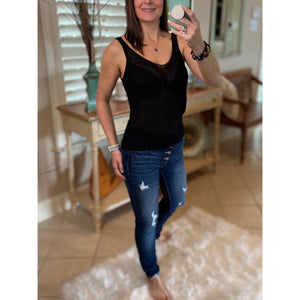“Spring Fling” Sexy Low Double V Neck Back Sleeveless Dressy Knit Sweater Tank Black
