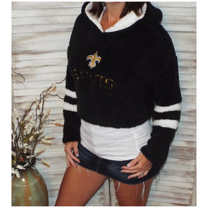 New Orleans Saints Sporty Sherpa Fleece Plush Hoodie Cropped Jacket Black S/M/L