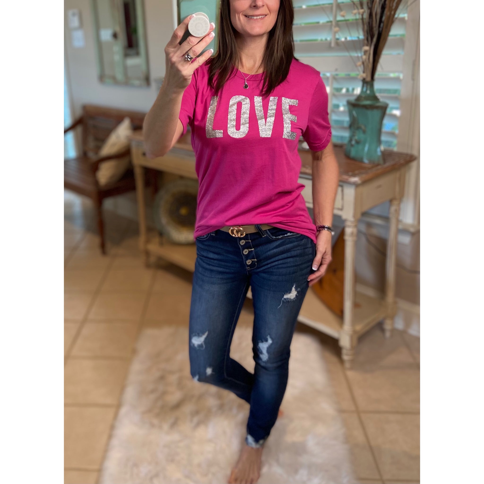 “All My Love” Silver Glitter Bling LOVE Boyfriend Baby Basic Tee Shirt Pink S/M/L/XL