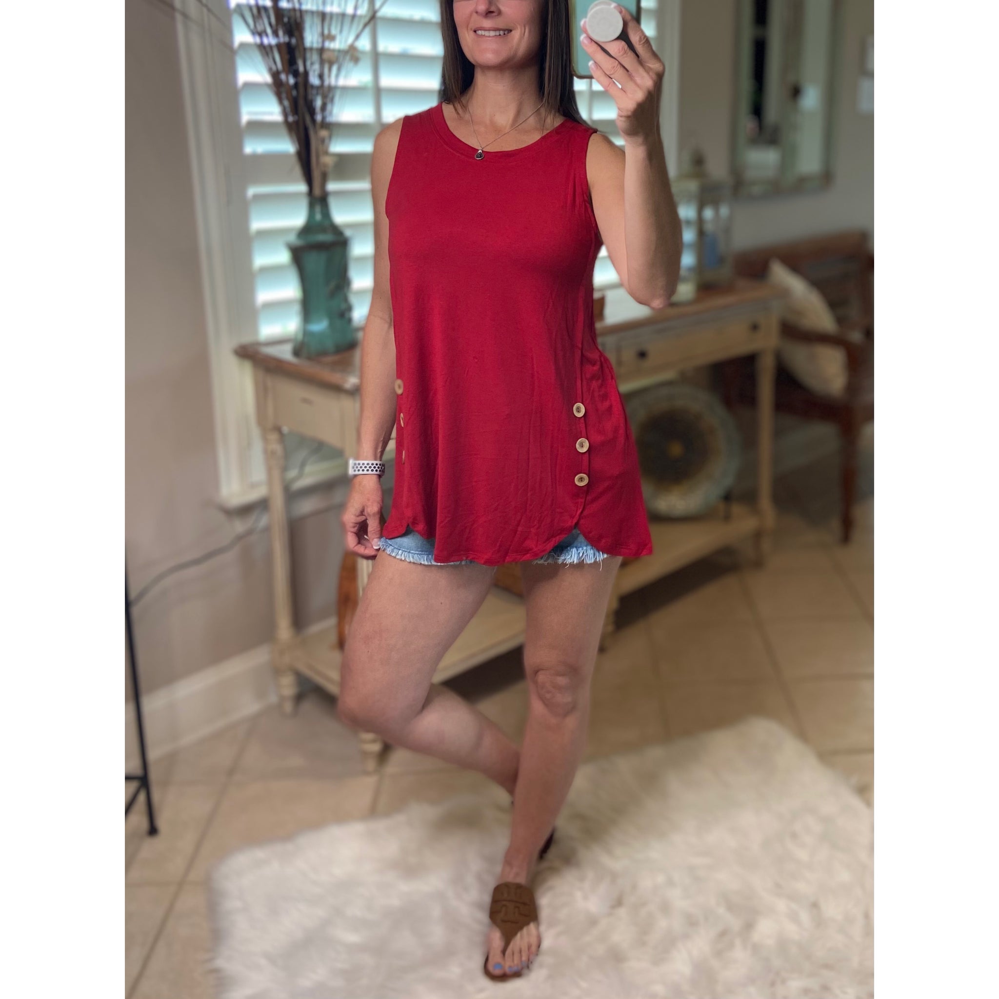 "Adore You" Round Neck Floaty Tunic Sleeveless Tank Wood Button Detail Dk Red