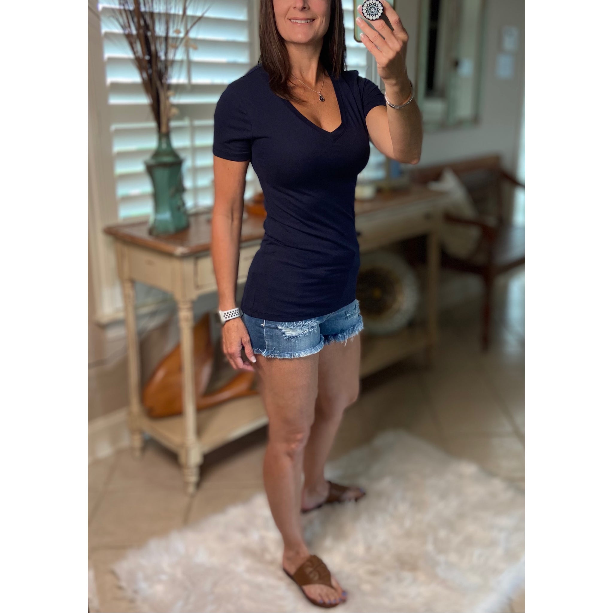 “Basic Babe” Low Cut V-Neck Cleavage Baby Slimming Basic Tee Shirt Top Navy S/M/L/X