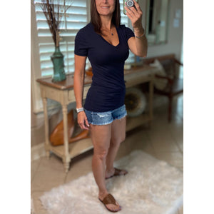 “Basic Babe” Low Cut V-Neck Cleavage Baby Slimming Basic Tee Shirt Top Navy S/M/L/X