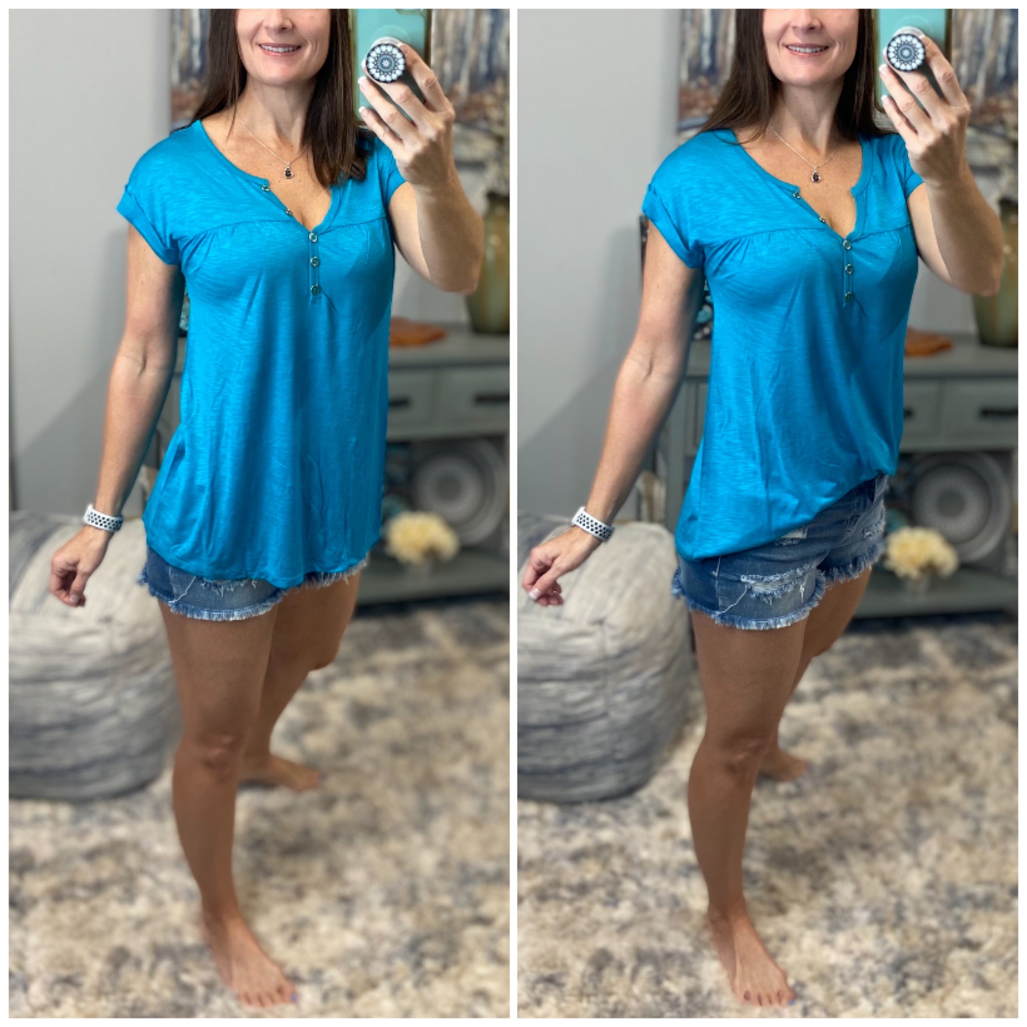 “Just Be You” Sheer Burnout Melange Tissue V-Neck Henley Tab Short Sleeve Shirt Tee Teal