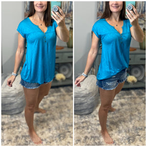 “Just Be You” Sheer Top Womens Blue Teal Burnout Melange V Neck Henley V Neck Short Tab Sleeve