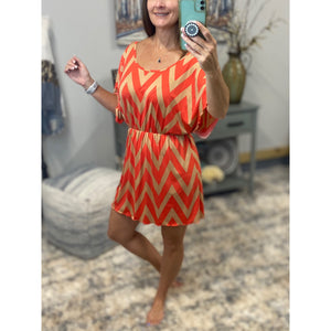 Sexy Chevron Zig Zag Print Batwing Dolman Elastic Waist Dress Tan/Coral S/M/L/XL
