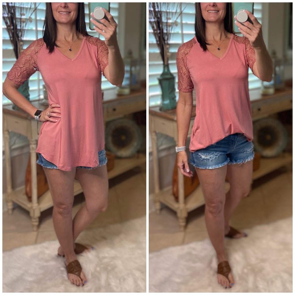 "All About The Lace" Lace Short Sleeve V-Neck Rounded Bottom Dressy Rose Pink S/M/L/XL