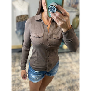 Collar V-Neck Pockets Button Up Slim Preppy Stretch Mocha Brown S/M/L
